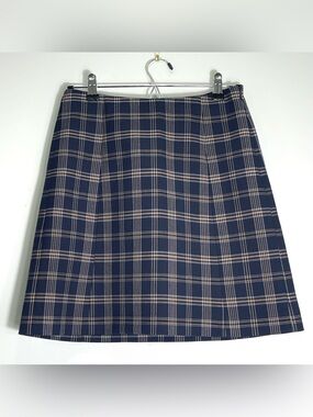 ARITZIA BABATON Women's Plaid Mini Pencil Skirt Navy Blue Tan Gray Lined Size 4